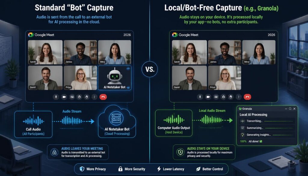 Comparison of bot-based versus bot-free AI meeting recording methods