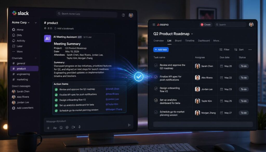 Team reviewing AI-detected meeting action items during a standup