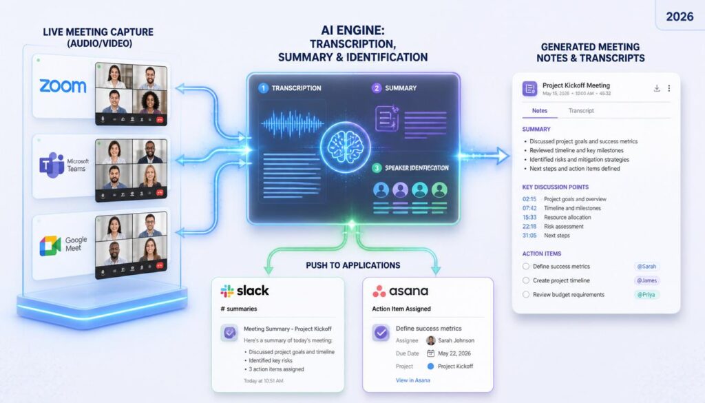 AI meeting tool workflow showing recording, transcription, and automatic action item creation