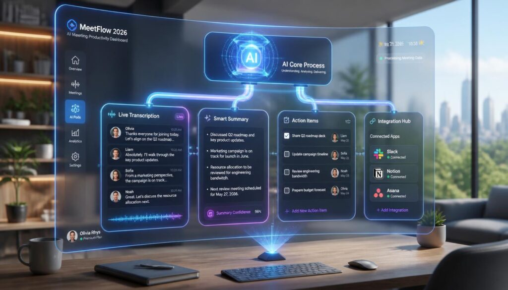 Interface showcase of top AI meeting tools: Otter.ai, Fireflies.ai, Fathom, tl;dv, and Granola
