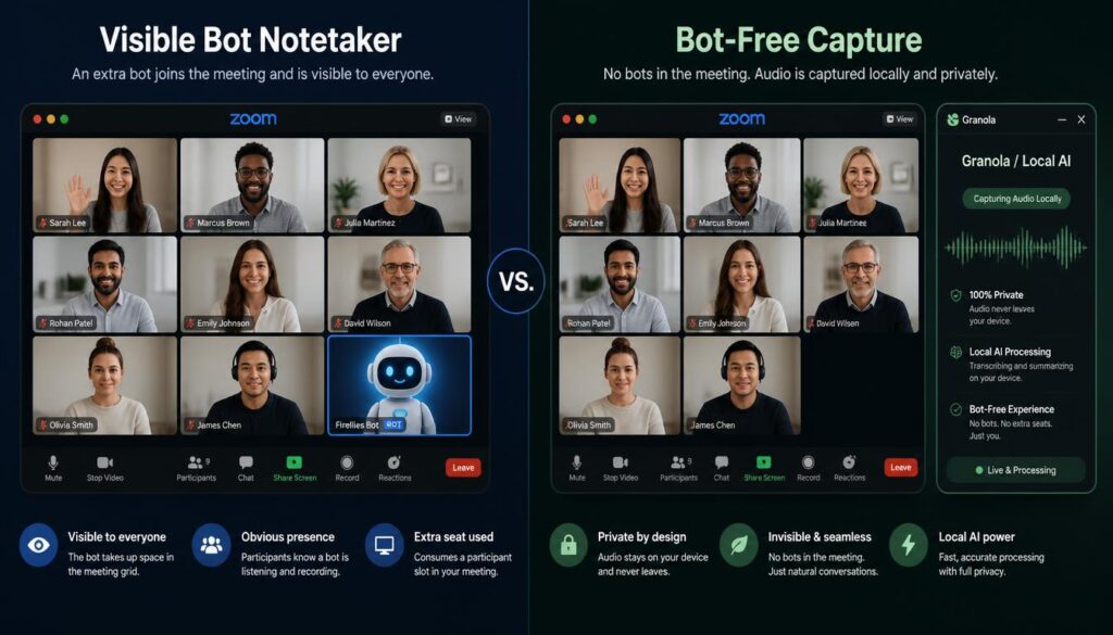 Split-screen comparison of a visible bot notetaker joining a Zoom call versus bot-free, locally captured meeting audio with tools like Granola