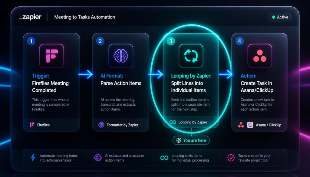 Zapier automation flowchart showing a Fireflies meeting trigger, AI action item parsing, a looping step that splits items into individual tasks, and task creation in Asana or ClickUp
