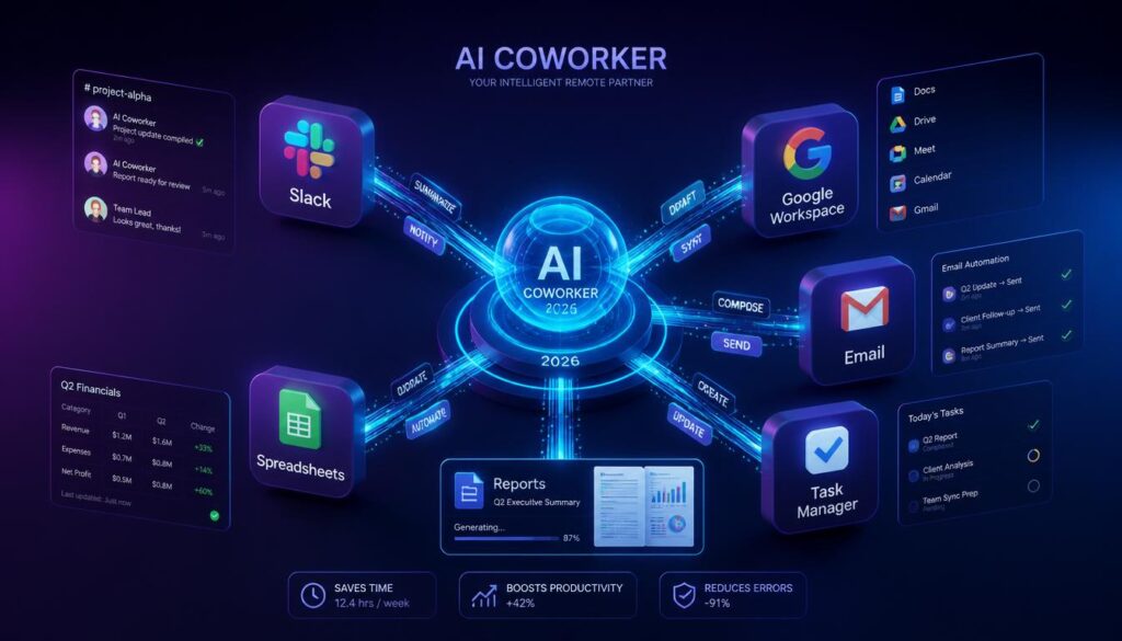 3D isometric illustration of an AI coworker connected to Slack, Google Workspace, and other remote team tools
