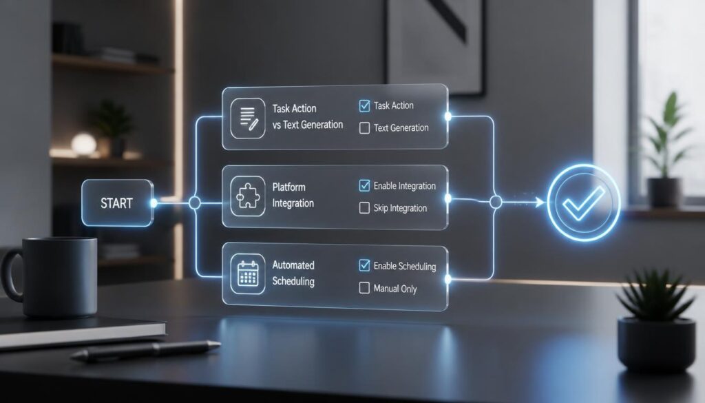 Minimalist 3D decision flow chart for choosing the right AI assistant tier for a remote team