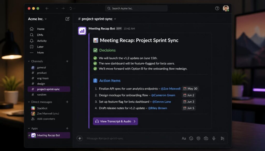 Slack channel showing an automated meeting recap bot posting decisions and action items with owners and due dates after a project sync call
