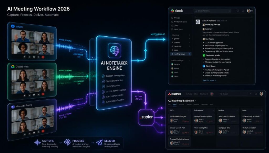 Diagram of the 2026 AI meeting workflow: audio from Zoom, Google Meet, and Microsoft Teams flows into an AI notetaker engine, which delivers a Slack recap and creates tasks in Asana via Zapier