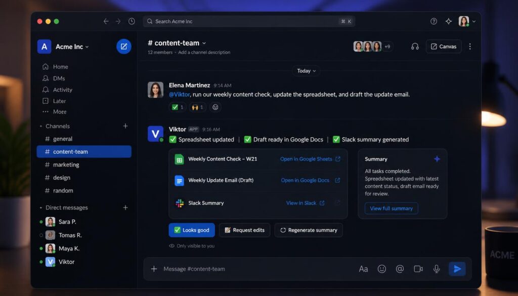 Dark-mode team chat interface mockup showing an AI coworker responding to a task inside Slack