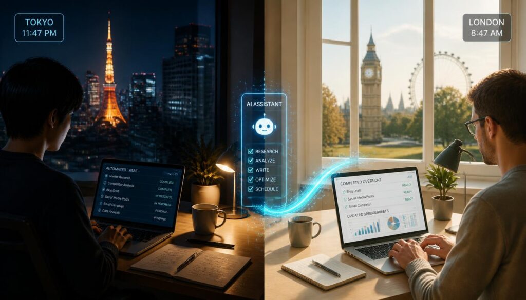 Split-screen image of a global remote team working across different time zones