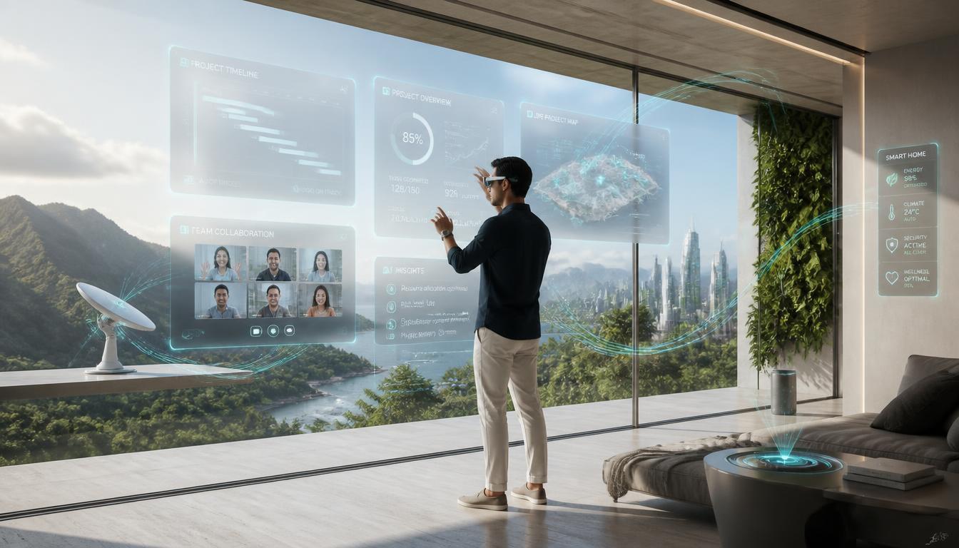 Remote professional using AI-powered augmented reality workspace tools for meetings, project tracking, and smart home automation