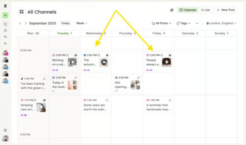 Screenshot of Buffer's weekly content calendar with arrows highlighting posts staggered across different days