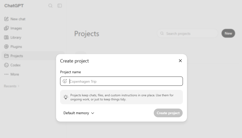 Screenshot of the ChatGPT Projects interface showing a project workspace for storing instructions and reference files