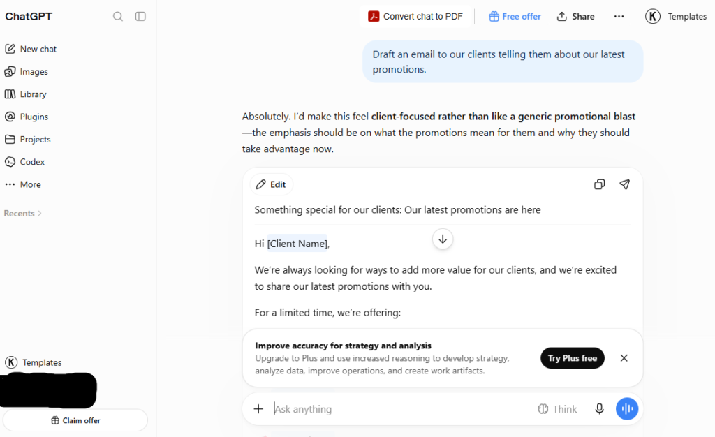 Screenshot of the ChatGPT interface drafting a client email about the latest promotions