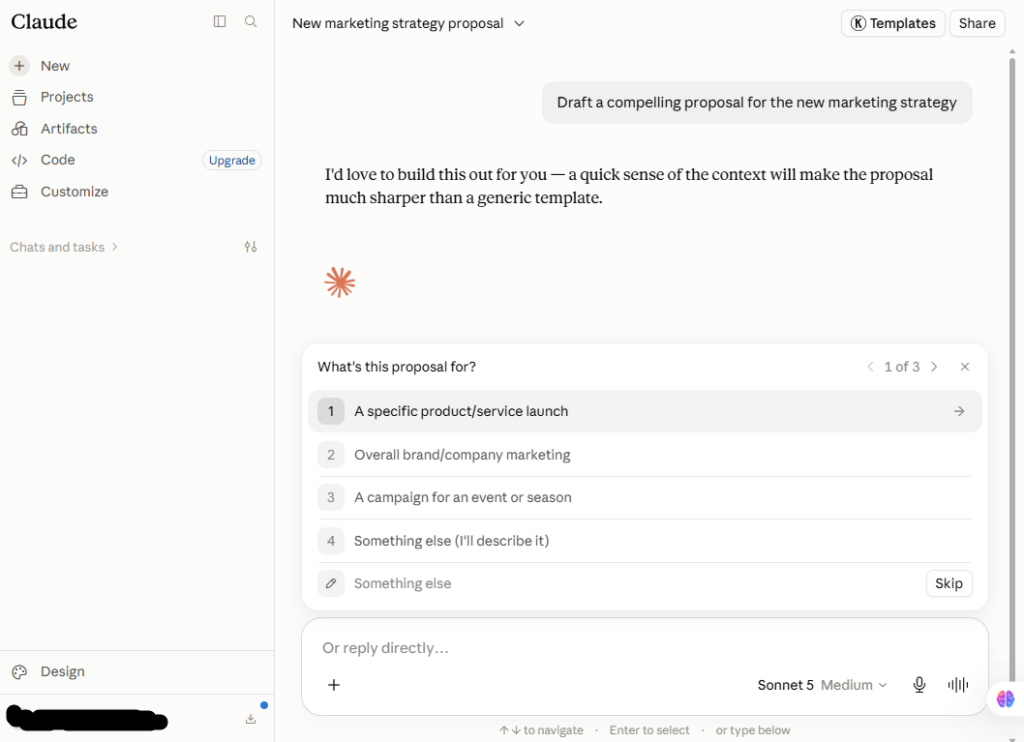 Screenshot of the Claude interface starting a new marketing strategy proposal document