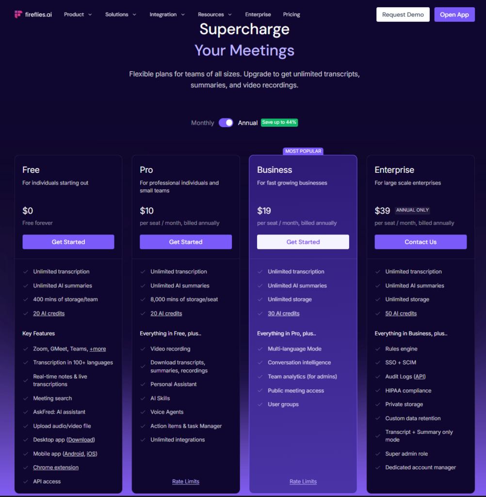 Screenshot of the Fireflies.ai pricing page comparing Free, Pro, Business, and Enterprise plans