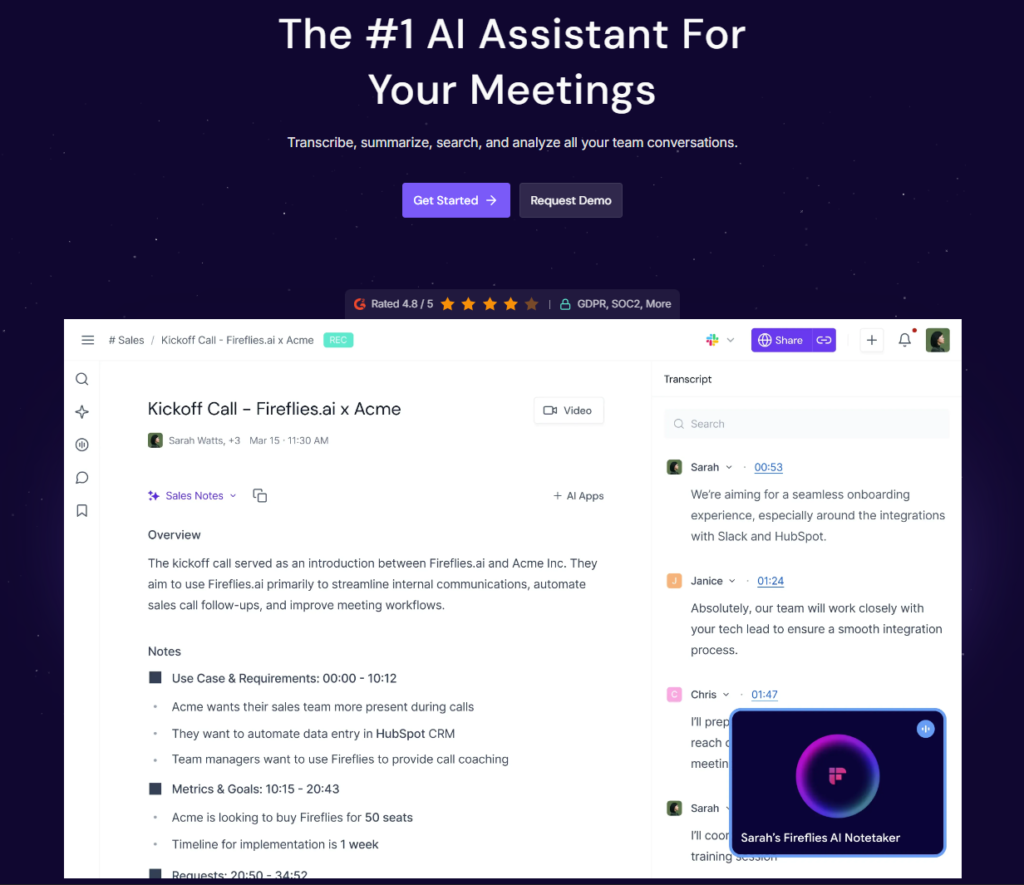 Screenshot of the Fireflies.ai homepage and meeting transcript interface with AI-generated notes