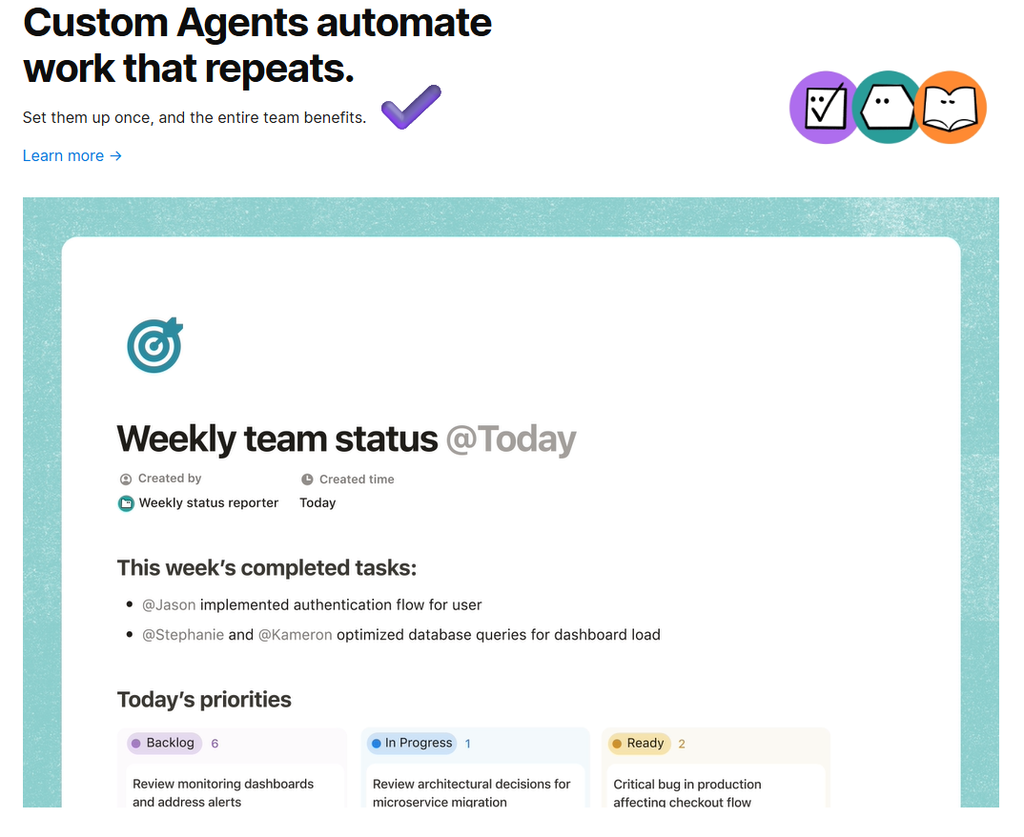 Notion Custom Agent example showing an auto-generated weekly team status page with completed tasks and today's priorities
