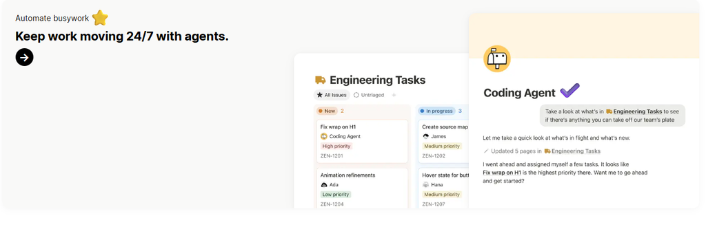Notion marketing graphic of a Coding Agent automatically picking up and updating tasks on an engineering board