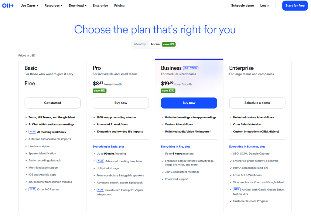 Screenshot of Otter.ai's pricing page showing the Basic, Pro, Business, and Enterprise plan tiers