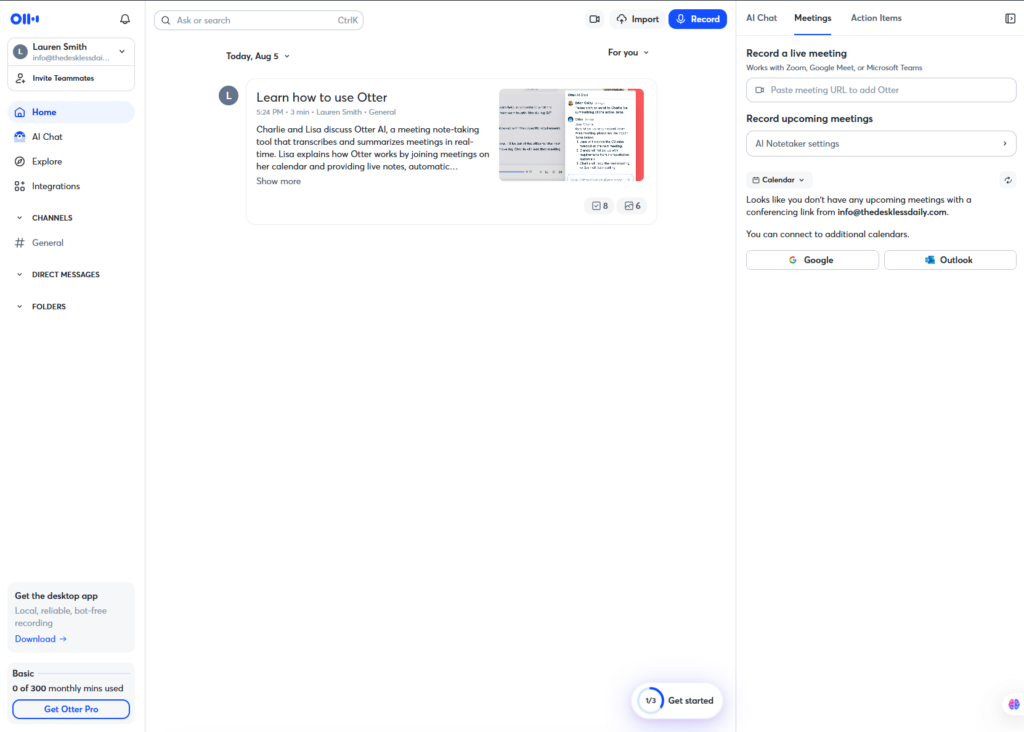 Screenshot of the Otter.ai dashboard showing a recorded meeting with an AI-generated summary and action items