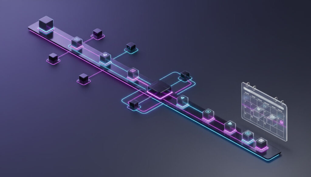 Illustration of an automated assembly line moving content through repurposing stations, representing automating repetitive content production tasks