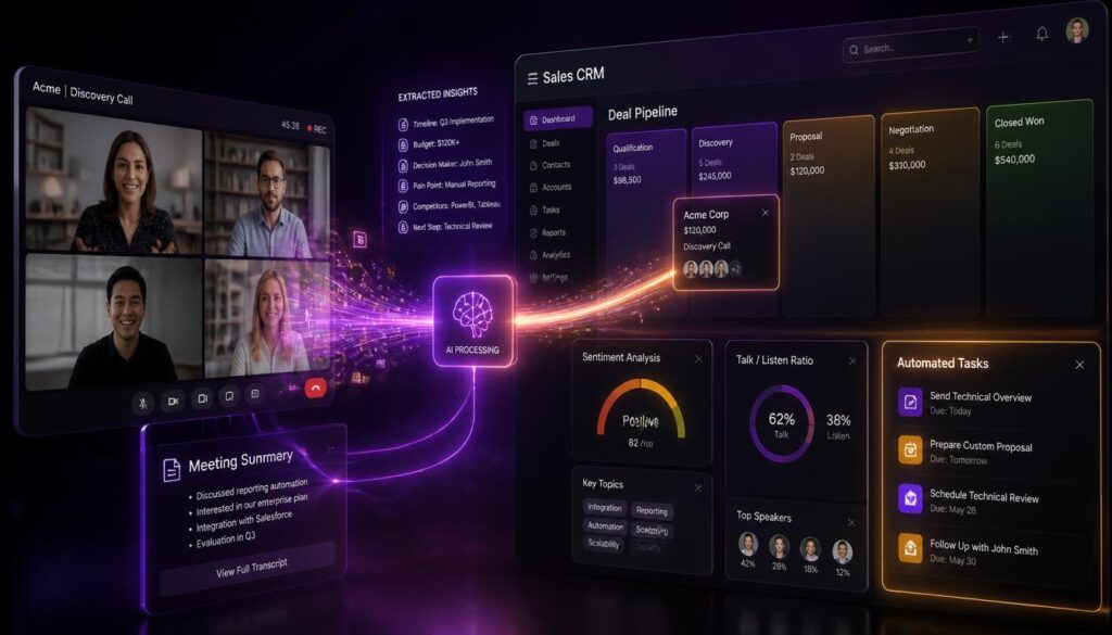 3D graphic showing automated data flowing from a video meeting into a CRM system, representing Fireflies.ai's sales workflow integrations