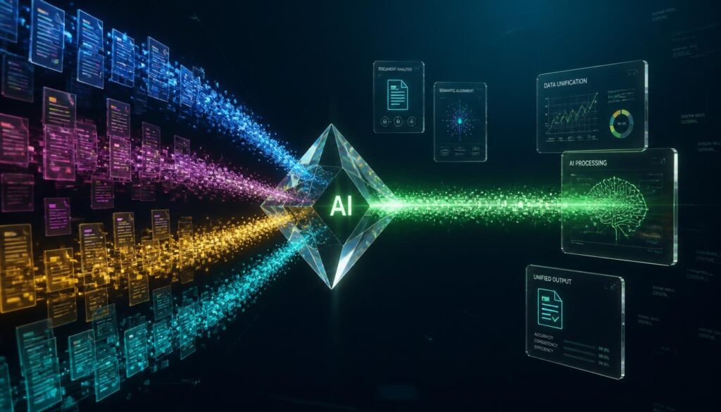 Abstract illustration of a glowing AI glass prism aligning fragmented digital documents into one unified stream, symbolizing a consistent ChatGPT content workflow