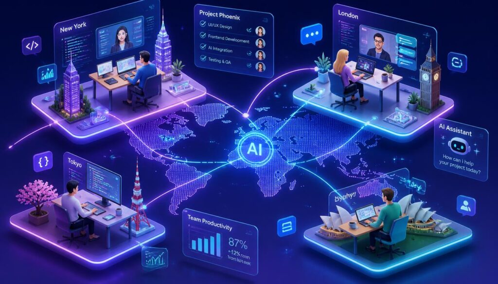 Isometric illustration of remote team members in different cities collaborating through AI-powered chat and workflow tools