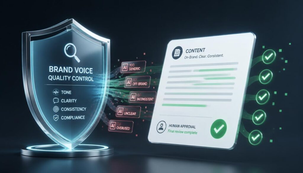 Illustration of a glowing quality-control shield inspecting a floating document, representing a brand-voice QA check before publishing