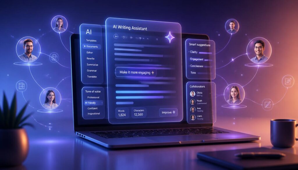 3D digital render of AI writing tools for remote teams, showing a laptop and holographic document icons in a modern workspace