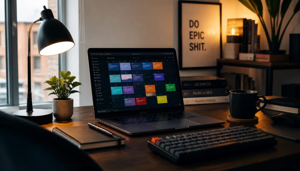 Illustration of a solo digital operator's minimalist workspace, representing one person running a content system without a team