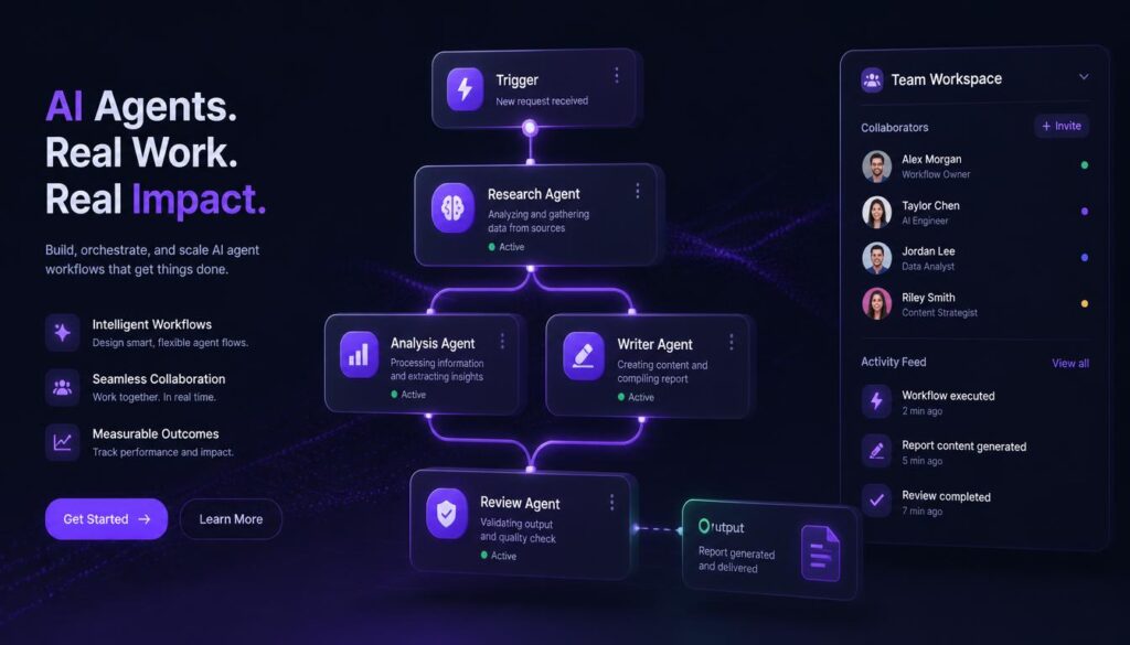 3D illustration of AI agent workflows and team collaboration representing Jasper AI
