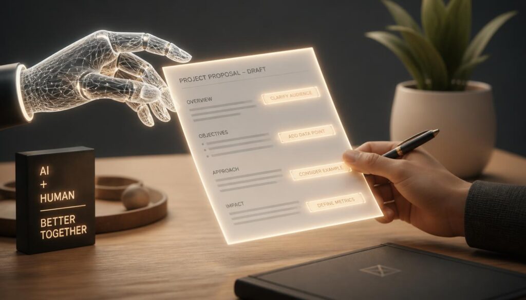 Illustration of an AI hand and a human hand collaboratively editing a draft document, representing a human review pass on AI-written content