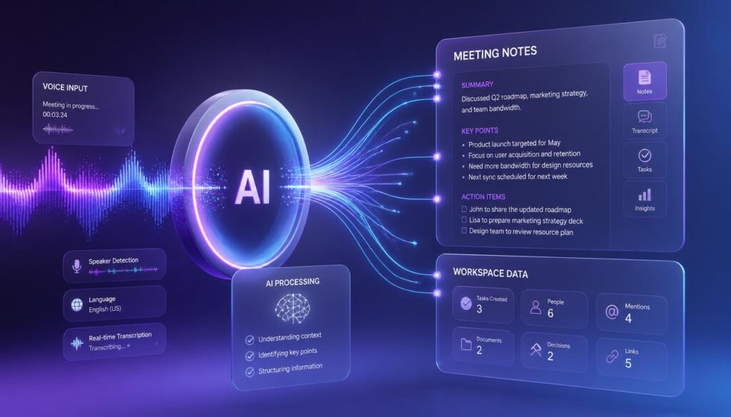 Abstract illustration of AI converting a voice waveform into structured meeting notes and action items