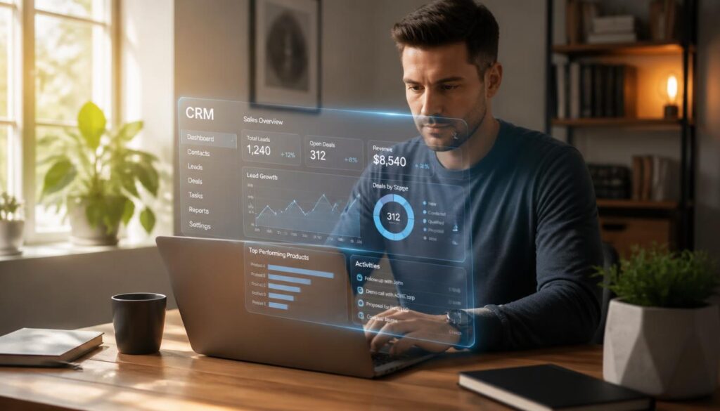 Remote professional working on a laptop with a CRM sales dashboard overlay