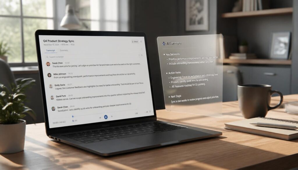 Cinematic photo of a minimalist home office desk with a laptop, representing a solo remote worker using a free AI meeting assistant plan