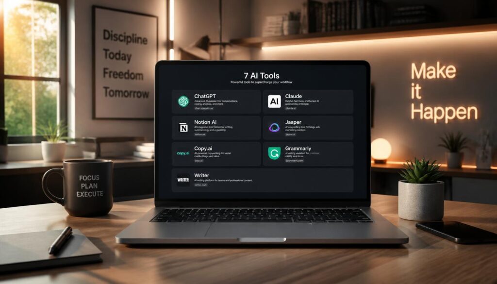 Laptop on a home office desk displaying a lineup of seven AI writing tools: ChatGPT, Claude, Notion AI, Jasper, Copy.ai, Grammarly, and Writer