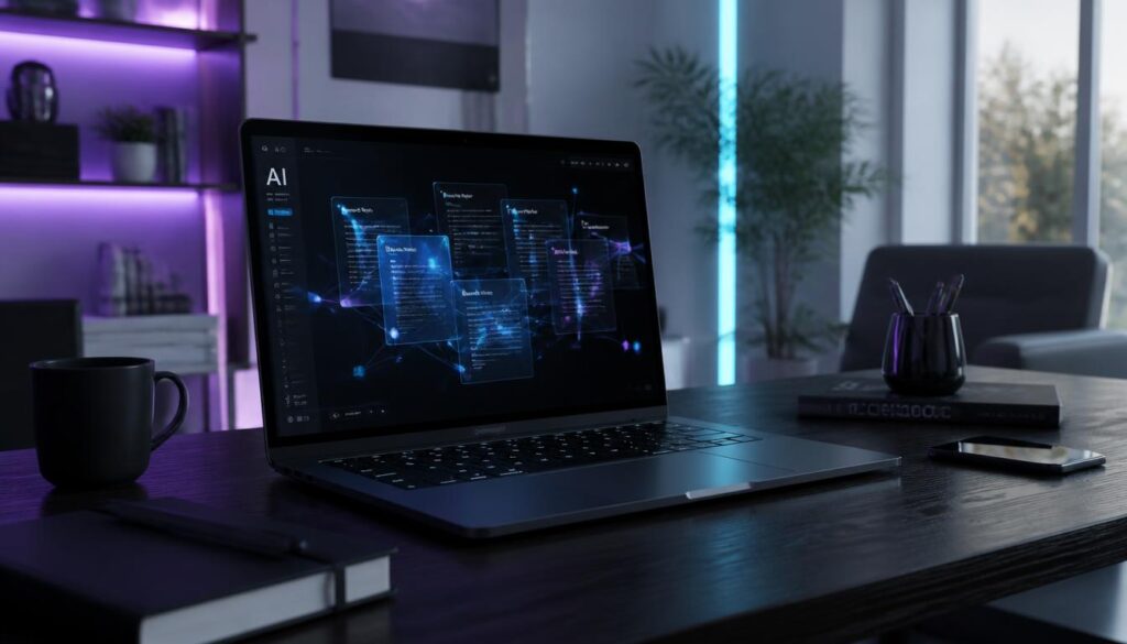 Laptop on a dark desk displaying glowing, interconnected AI document panels, representing Notion AI working across a workspace