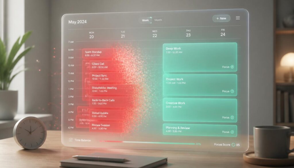 Illustration of a weekly calendar dashboard with red overbooked meetings on Monday and Tuesday shifting to green focus-work blocks by Thursday and Friday.