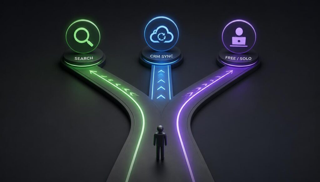 Minimalist 3D illustration of a fork in the road with three illuminated paths, representing choosing between different AI meeting assistant tools