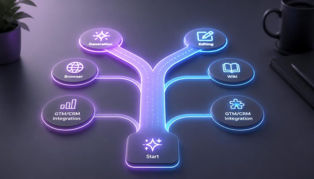 Abstract 3D graphic of a glowing fork in a digital path, representing the decision points before choosing an AI writing tool