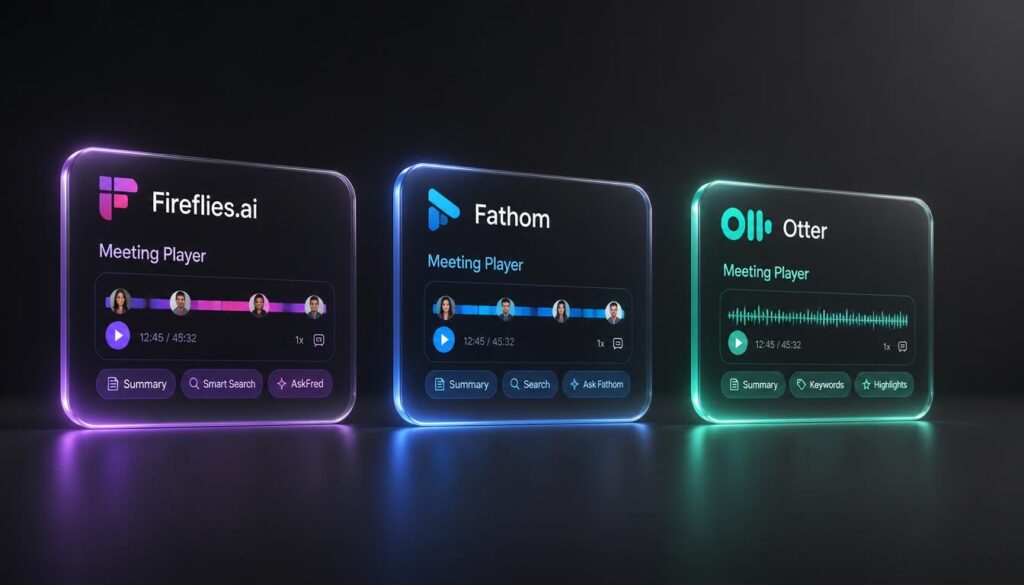 Minimalist 3D render comparing the Fireflies.ai and Fathom interfaces as alternatives to Otter.ai