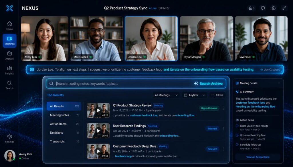 Modern UI concept of a live video conference call with real-time searchable transcript overlay, representing Otter.ai's meeting search feature