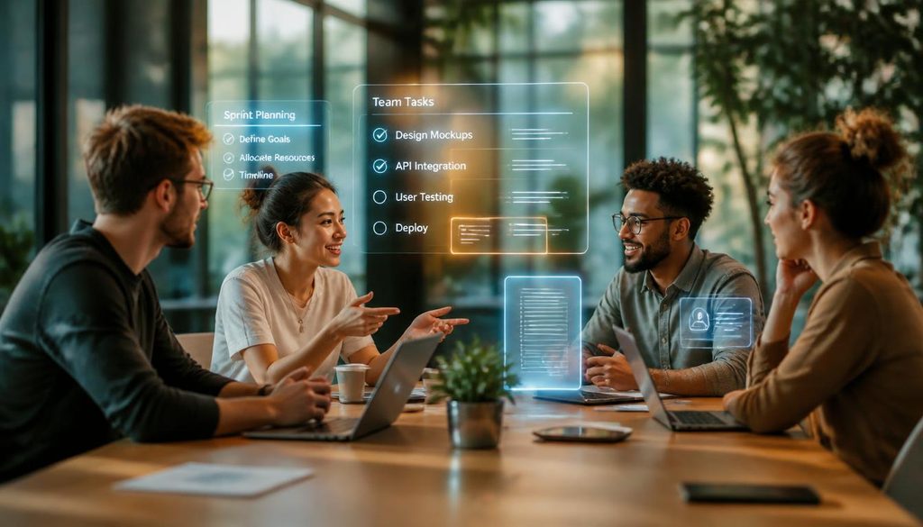 Illustration of a small remote team collaborating around a table with holographic task lists and sprint planning boards