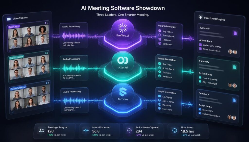 3D isometric illustration comparing three AI meeting software tools side by side