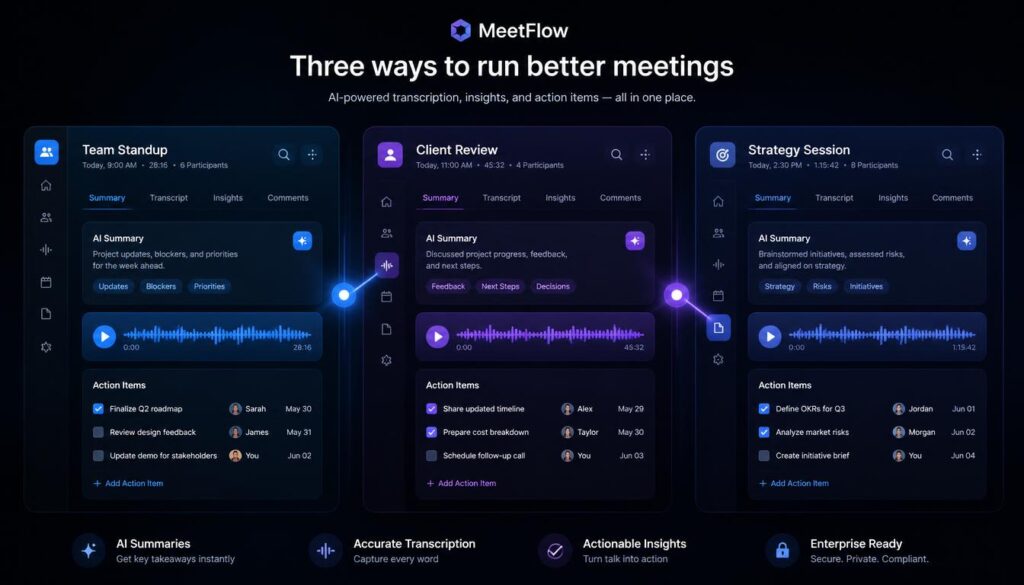 Split-screen digital illustration representing a side-by-side comparison of three AI meeting assistant tools