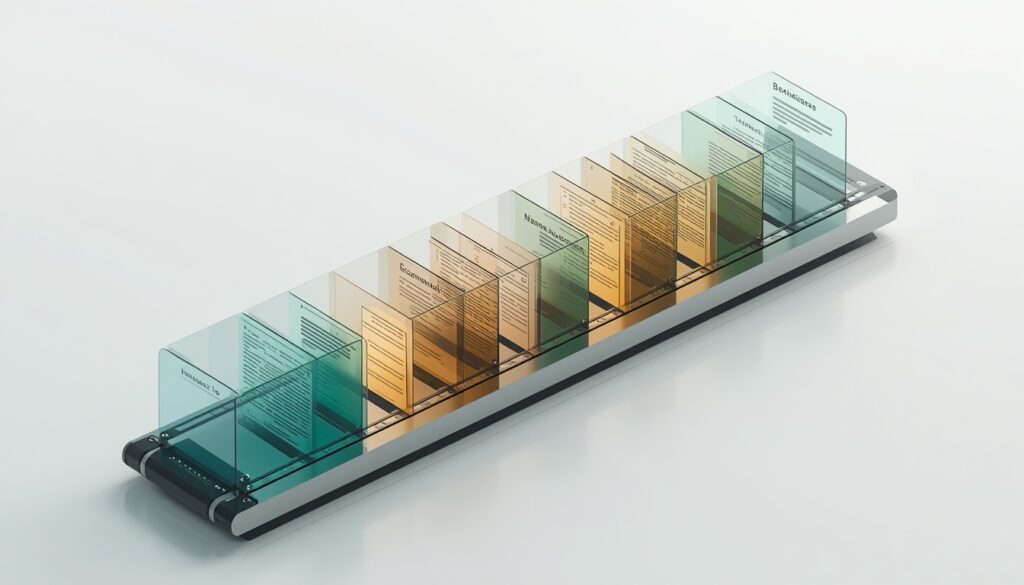 Illustration of a futuristic five-stage assembly line conveyor, representing the five-stage ChatGPT draft-to-publish content pipeline