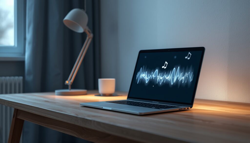 Minimalist home office desk with a laptop displaying an audio waveform, representing AI meeting transcription