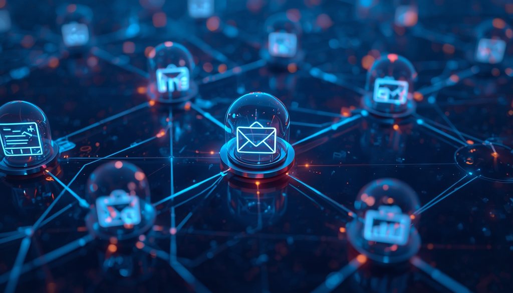 Illustration of AI autonomous agents collaborating across connected marketing workflows