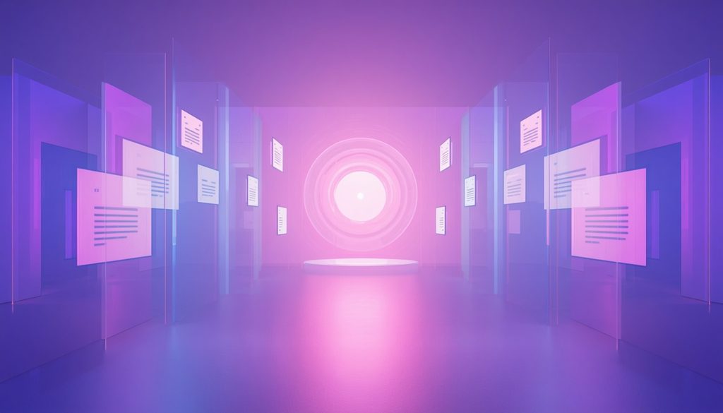 3D illustration of a glowing brand voice core connected to AI content-generation nodes