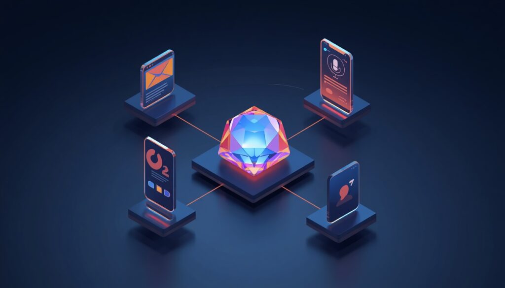 Isometric illustration of one glowing document branching into email, social, and video icons, representing a single core content asset multiplied into many formats